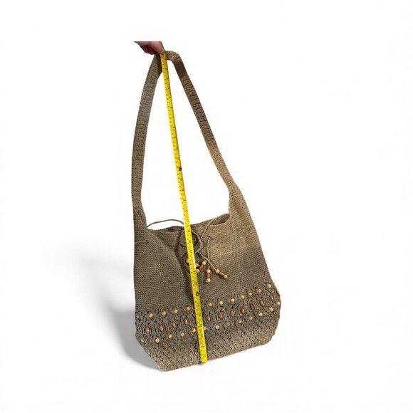 Bucket Bag Olive Crochet Shoulder Bag With Wooden Bead Details 31" Length - Picture 3 of 6
